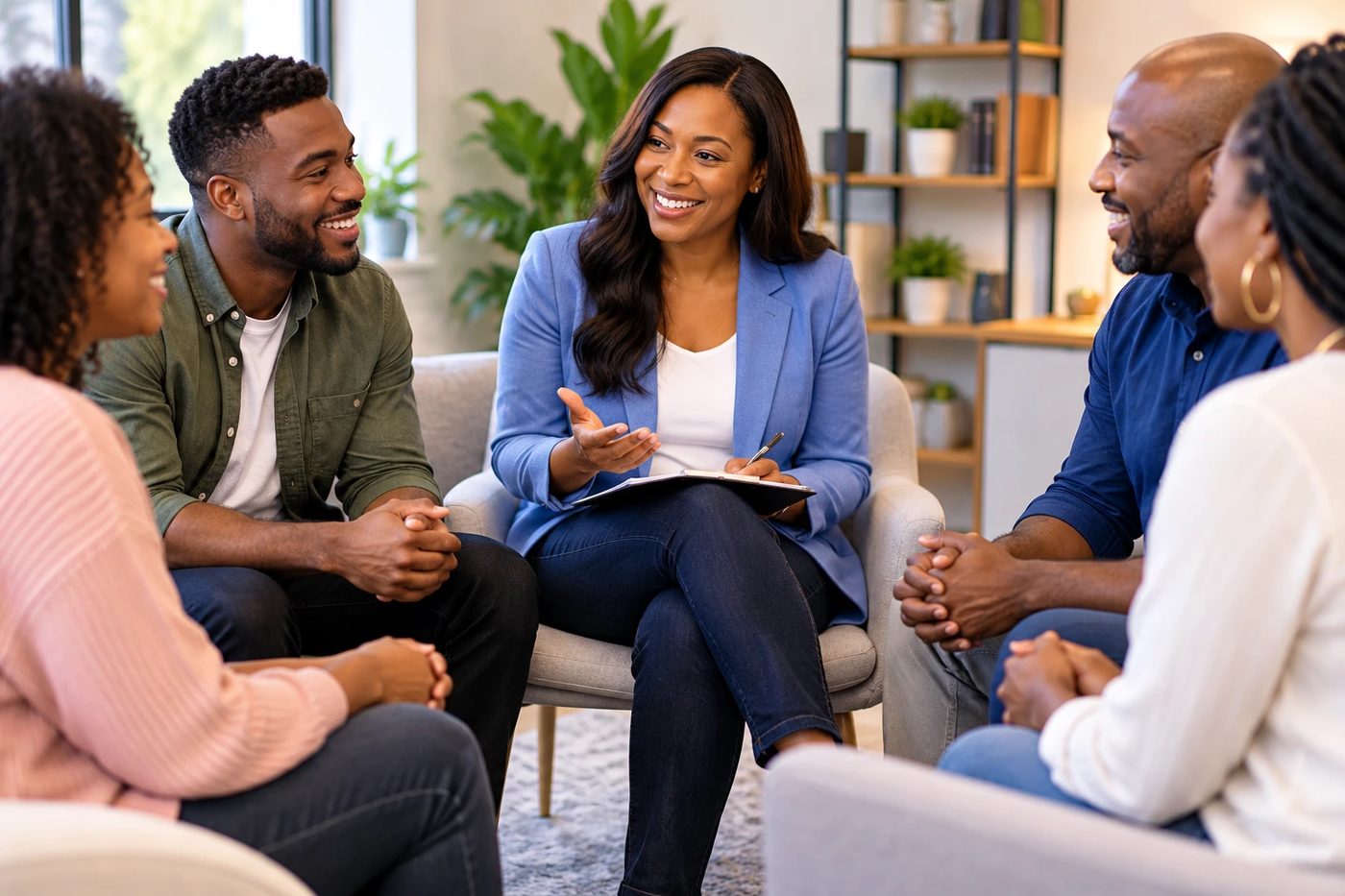 A small group seated in a circle during a facilitated group session